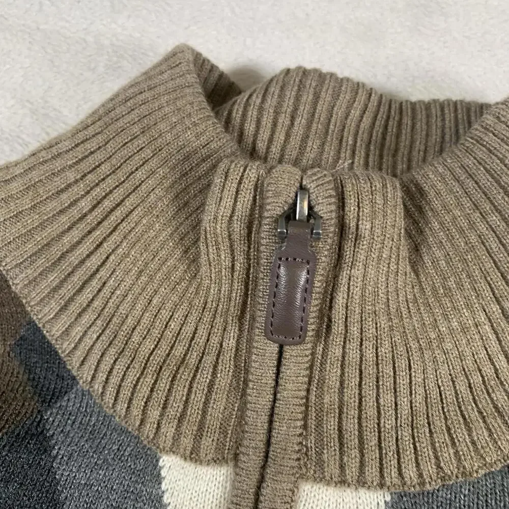 Oliver Burke Sweater Mens Large Brown Argyle 1/4 Zip 100% Acrylic Leather Zipper